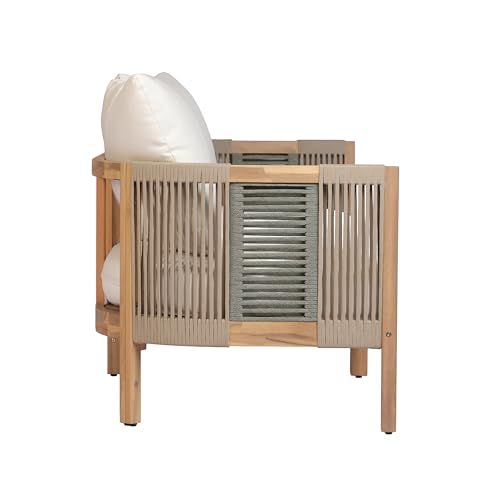Christopher Knight Home Outdoor Acacia Wood 3-Seater Sofa, 76'' Upholstered Cushion Couch, Patio Acacia Wood Bench Sofa, Spacious Outdoor Seating Bench Couch for Garden Porch Balcony, Teak+Beige