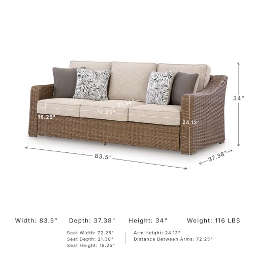 Signature Design by Ashley Carmel Bay Outdoor Sofa, Handwoven Resin Wicker Patio Couch, Rust-Resistant Aluminum Frame, 3-Seater for Backyard or Sunroom, Beige, 84" W