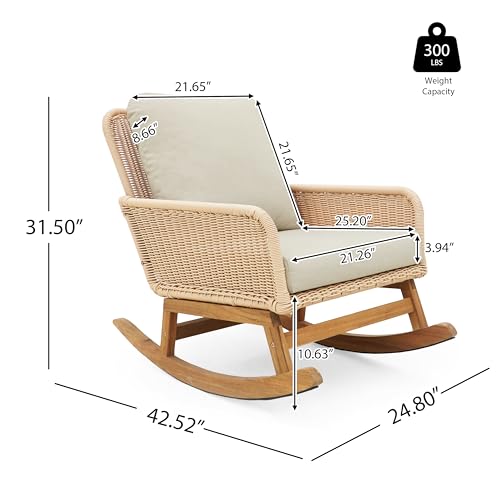 Christopher Knight Home Nadine Patio Rocking Chair, Wicker Rocker, Wood Leg Rocking Chair, PE Rattan Wicker Chair, Rocking Chair with Cushions, Comfort Wicker Rocker for Backyard Balcony Porch, Beige