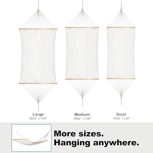 GAFETE Double Hammocks for Outside, Handwoven Traditional Cotton Rope 2 Person Hammock with Hardwood Spreader Bar, Chains & Hooks for Indoor Outdoor, Max 450 lbs Capacity (Natural Beige, Medium)