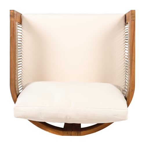 Christopher Knight Home Dora Set of 2 Patio Club Chair with Cushions, Acacia Wood Lounge Chair Outdoor, Woven Accents, Curved Design Side Chair for Balcony Backyard Garden Poolside, Beige + Teak