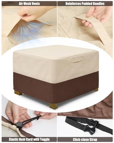 Vailge Rectangle Patio Ottoman Cover, Waterproof Outdoor Ottoman Cover with Padded Handles, Patio End Table Cover, Heavy Duty Patio Furniture Covers (Medium,Beige & Brown)