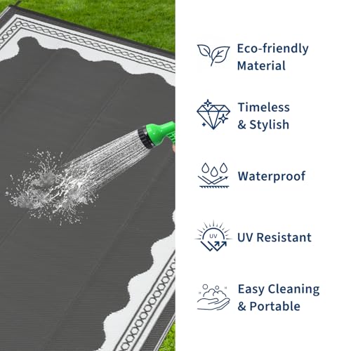 Garvee Outdoor Rug 5x8 Scalloped Waterproof Patio RV Outdoor Rugs Reversible Foldable Plastic Straw Rug Modern Camping Carpet for Deck Camper Porch Balcony Backyard Picnic Beach Grey