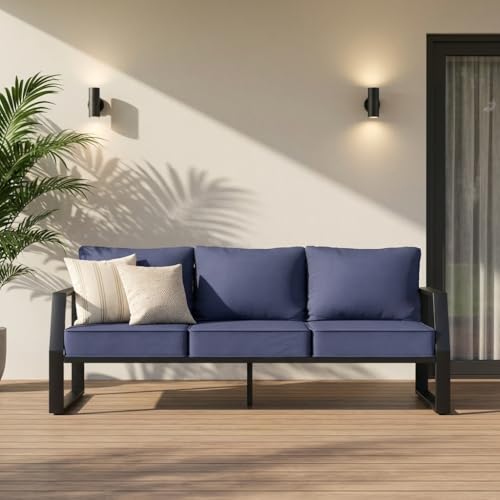 knocetx Oversized Outdoor Modern Patio Sofa for 3, 5" Thick Cushions, Deep Seat & Wide Armrests, Comfortable Aluminum All-Weather Rustproof UV-Resistant Frame for Garden, Backyard, Porch