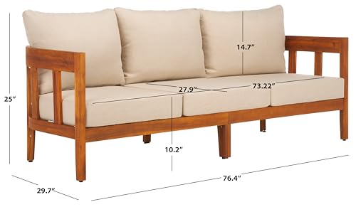 SAFAVIEH Outdoor - Owen 3-Seat Sofa - Natural & Taupe - Solid Wood with Cushion - Mid-Century Coastal Slatted Design - Ideal for Patio, Deck, Porch, Backyard, 15" Seat Height (PAT7091A)