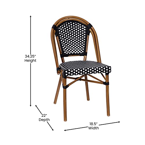 Flash Furniture Bordeaux Set of 2 Indoor/Outdoor Commercial Bistro Stack Chairs - Black/White PE Rattan Back and Seat - Natural Bamboo Print Aluminum Frame
