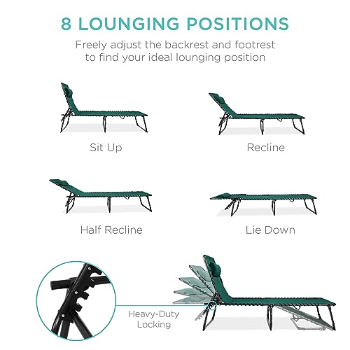 Best Choice Products Patio Chaise Lounge Chair, Portable Outdoor Folding Recliner for Lawn, w/ 8 Positions, Handles, 300lb Capacity - Forest Green