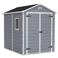 Keter Manor 6x8 Foot All Weather Garden Tool Outdoor Storage Shed with Lockable Double Doors, Fixed Window and Wood-look Resin Walls, Grey
