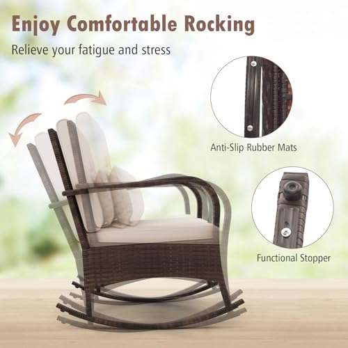 COSTWAY Outdoor Rocking Chairs Set of 2, 3 Piece PE Wicker Patio Bistro Set with Coffee Table & Thick Cushions, Rattan Patio Rocker Furniture for Front Porch Lawn Garden Backyard Deck Poolside (Beige)