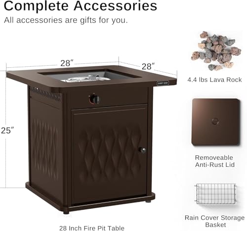 East Oak 28'' Propane Fire Pit Table, 50,000 BTU Steel Gas FirePit for Outdoor, Outside Patio Deck and Garden, CSA Certified Fire Table with Magnetic Lid, Cover-Storage Basket and Lava Rock, Brown