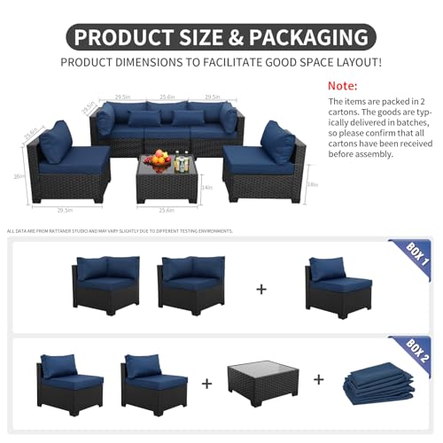 Rattaner Patio Sectional 6 Pieces All-Weather Wicker Patio Furniture Set Outdoor Sectional with Glass Table Non-Slip Cushions and Waterproof Cover, Navy Blue