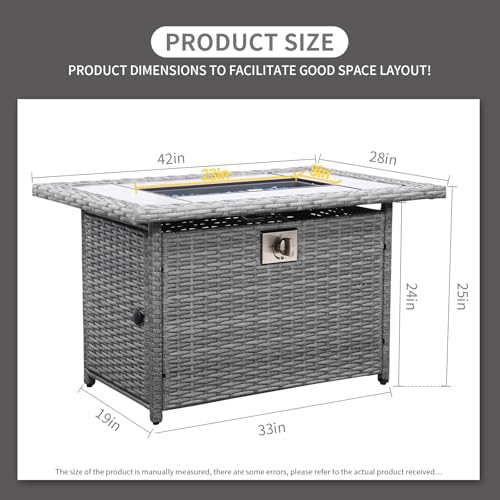60000 BTU Wicker Gas Fire Pit Outdoor Fire Pit Table 45 Inch Fire Pits for Outside with Woodgrain Marble Tabletop Fire Pit Cover and Blue Crystal Beads