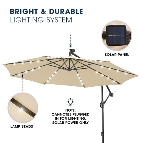 wikiwiki 10ft Solar LED Offset Patio Umbrella, Outdoor Cantilever Patio Umbrellas with Solor Lights for Backyard, Poolside and Garden, Easy Tilt Adjustment, 32 LED Lights & Polyester Shade, Beige