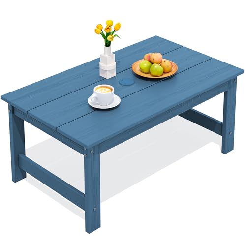 SERWALL HDPE Patio Coffee Table, Rectangle Outdoor Coffee Table, All-Weather Coffee Side Table for Balcony, Poolside, Deck, Garden, Blue