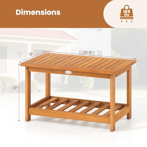 Tangkula Outdoor Acacia Wood Coffee Table, Patio 29.5” Rectangle Slatted 2 Tier Coffee Table with Storage Shelf, for Outside Balcony Patio Poolside