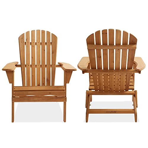 Casafield Folding Adirondack Chair, Set of 2 Cedar Wood Outdoor Fire Pit Lounge Chairs for Patio, Deck, Yard, Lawn and Garden Seating, Partially Pre-Assembled - Natural