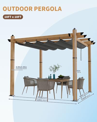 KYBOLT 10x10 Ft Outdoor Pergola Aluminum Pergola with Retractable Canopy Wood-Grain Sun Shade Shelter for Garden Patio Backyar Deck(Gray)