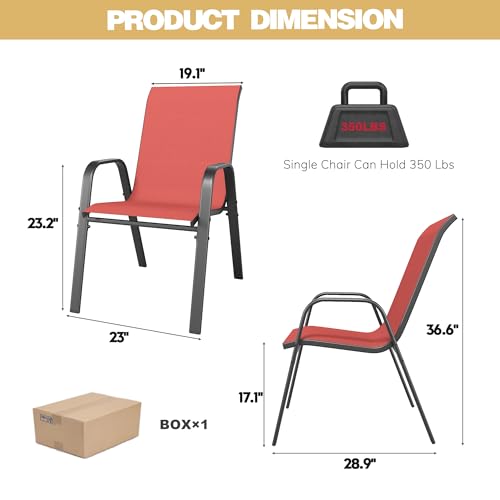 Patio Dining Chairs Set of 6 Outdoor Stackable Dining Chairs for All Weather 350lbs Capacity Heavy Duty Textilene Fabric Rustproof Metal Frame Patio Furniture for Backyard Garden Poolside ( Red )