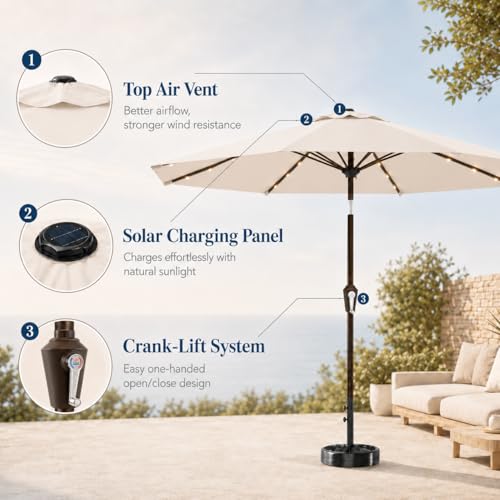 Patio Kingdom 11FT Solar Patio Umbrella with Lights, Outdoor Table Market Umbrella with 32 LED Lights, 8 Sturdy Ribs, Smooth Crank Lift for Pool, Deck and Garden, UV-Resistant, Beige