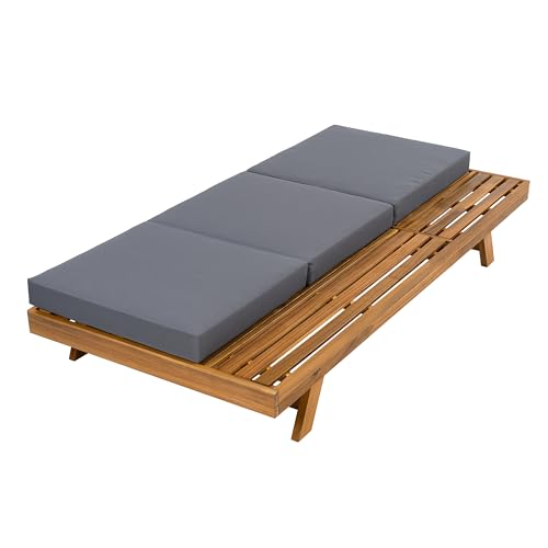 Christopher Knight Home Kayes Acacia Wood Chaise Lounge with 4'' Triple Folds Cushion, Outdoor 79'' Patio Recliner Chair with 4-Position Adjustable Backrest, Sun Lounger for Backyard, Teak+Dark Gray