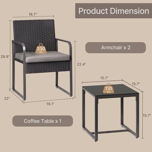 Gizoon 3 Piece Patio Bistro Set, Outdoor Black Wicker Furniture Sets, Modern Rattan Chair Conversation Sets with Coffee Table, for Yard, Garden, Balcony, Poolside, Cushion-Grey