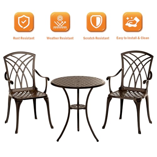 Z1UVDFUR Patio Bistro Set 3 Piece, Cast Aluminum Bistro Set for 2 w/Umbrella Hole, Outdoor Table and Chairs Set of 2, Bistro Set for Balcony/Backyard/Garden, Bronze