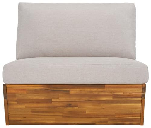 SAFAVIEH Outdoor - Lynn Lounge Chair Set of 2 - Natural & Light Grey - Solid Wood with Cushion - Modern Slatted Lounge Design - Ideal for Patio, Deck, Poolside, Backyard (PAT7328B-SET2)