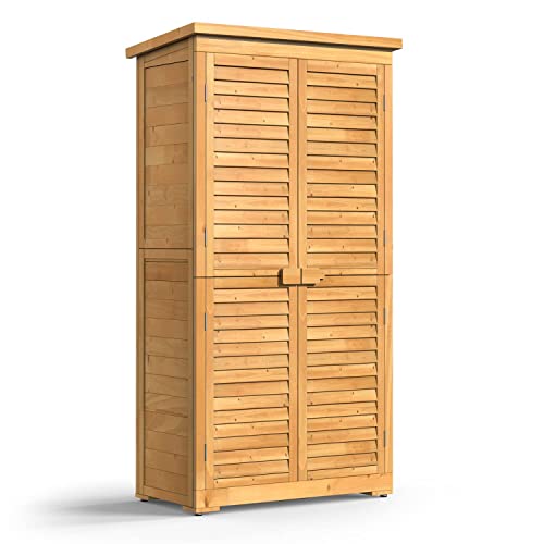 Bealife 63.2" Outdoor Storage Cabinet with Double Doors, Lockable Vertical Storage Shed with 3 Shelves Organizer, Waterproof Fir Wood Tool Closet Shed for Garden, Backyard, Patio, and Lawn -Natural