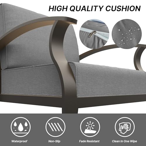 Gotland Aluminum Patio Furniture Set with Rectangular Coffee Table, Metal Patio Furniture with 5 Seats Waterproof 5.1'' Seat Cushions, Outdoor Sectional Patio Conversation Sets for Balcony Grey