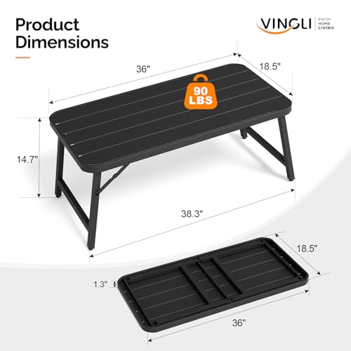 VINGLI Outdoor Folding Coffee Table, Rectangle Drainable Iron Patio Table for Balcony, Porch, and Living Room, Black