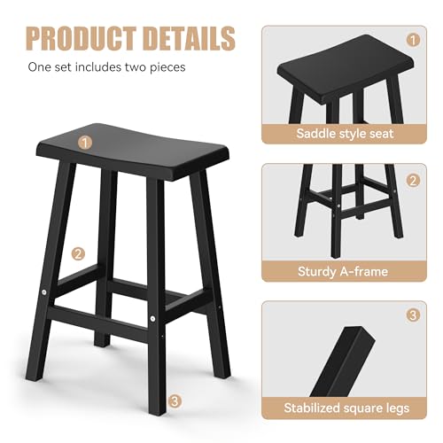 PatioZen Bar Stools Set of 2, Waterproof UV-Resistant,Durable Resin Kitchen Island Chairs for Indoor & Outdoor Use, Modern Design for Home,Bar,and Cafe (24'' Black-2)