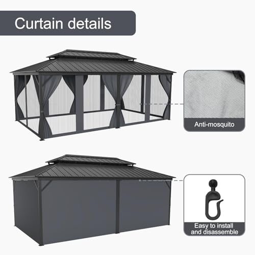 12' x 20' Heavy Duty Hardtop Gazebo, Gray Galvanized Steel Double Roof Canopy with Netting & Curtains – Ideal for Patio, Backyard, Deck & Lawn Gatherings