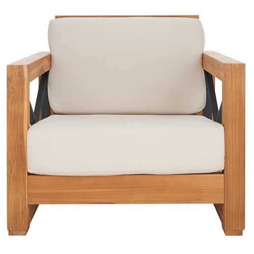 Safavieh CPT1009A Couture Curacao Brazilian Teak Outdoor Patio Club Chair, Natural/White