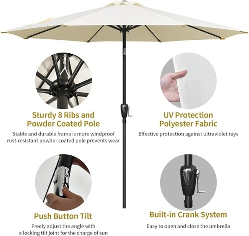 Simple Deluxe 9' Patio Umbrella Outdoor Table Market Yard Umbrella with Push Button Tilt/Crank, 8 Sturdy Ribs for Garden, Deck, Backyard, Pool, Beige
