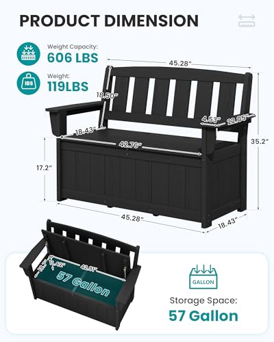 SERWALL HDPE Outdoor Storage Bench, All-Weather, UV-Resistant Deck Box with Waterproof Storage Bags, 57 Gallon Dual-Use Seat & Organizer Deck Boxes for Patio, Garden Tools & Pool (Dark Black)