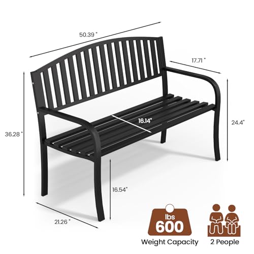 Granper Garden Bench, 50" Outdoor Bench, 660LBS Wrought Iron Porch Bench, Patio Bench with Armrests for Garden Lawn or Yard, Black