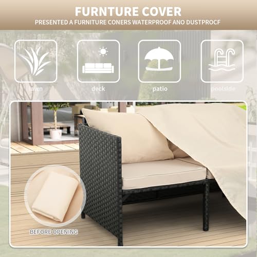 Valita 3-Piece Outdoor PE Rattan Furniture Set Patio Black Wicker Conversation Loveseat Sofa Sectional Couch Khaki Cushion