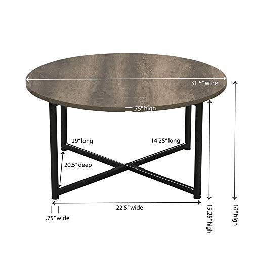 Household Essentials Jamestown Round Coffee Table Ashwood Rustic Wood Grain and Black Metal 31.5 x 31.5, Taupe