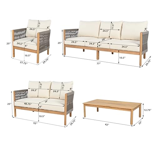 Christopher Knight Home Havets 5 Pieces Outdoor Acacia Furniture Set, Woven Rope Loveseat and Accent Club Chairs, 6" Thick Cushions Sofa and Coffee Table Set for Backyard Garden Balcony, Gray+Beige