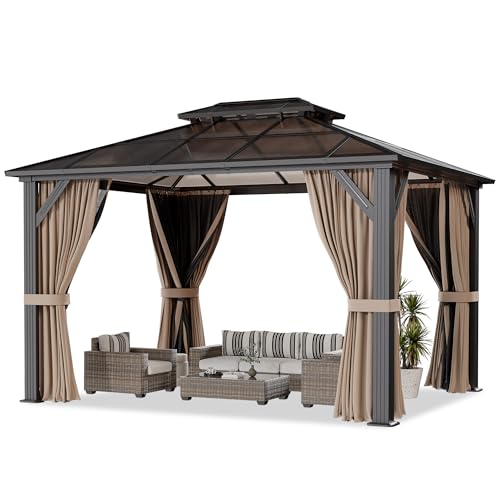 BETISEF 10'x12' Hardtop Gazebo, Outdoor Polycarbonate Roof Canopy, Aluminum Frame Permanent Pavilion with Curtains and Netting, Canopy for Garden, Patio, Lawns
