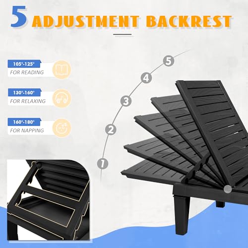 NBYSGO Outdoor Lounge Chairs Set of 2, 5-Position Adjustable Tanning Chairs with Wood Grain, All-Weather Resin Patio Recliners for Pool, Garden, Deck, Beach, Patio Lounge Chairs, Texture Black