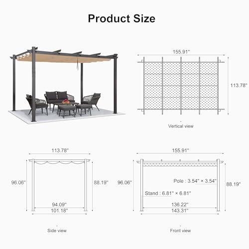 PURPLE LEAF 10' X 13' Outdoor Retractable Pergola with Sun Shade Canopy Patio Metal Shelter for Garden Porch Beach Pavilion Grill Gazebo Modern Yard Grape Trellis Pergola, Beige