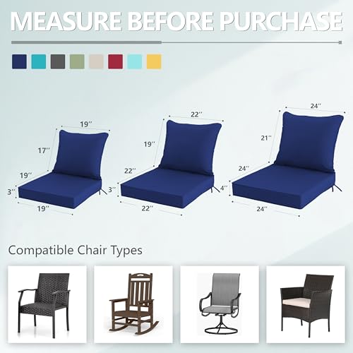24x24 Inch Outdoor Chair Cushions Set of 2, Patio Furniture Cushions - Removable Cover, Water-Repellent, Fade-Resistant, Non-Slip Bottom & Straps, Replacement for Deep Seat Sofa & Couch - Navy