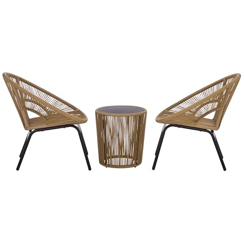 SAFAVIEH Outdoor Patio Furniture Collection – Otto Natural Rattan & Black 3-Piece Set, Modern Rope Chairs & Matching Table (PAT7549A)