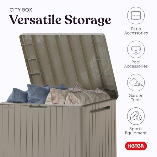 Keter City 30 Gallon Resin Outdoor Storage Box and Patio Furniture Side Table for Pool and Garden Accessories, Beige