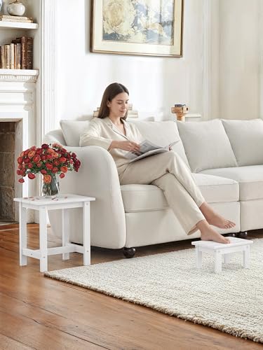 LUE BONA Outdoor Side Table, 2-Tier HDPS Outdoor Nesting End Table with Removable Small Foot Stool for Patio, Deck, Poolside, Low Maintenance & Weather Resistant, White