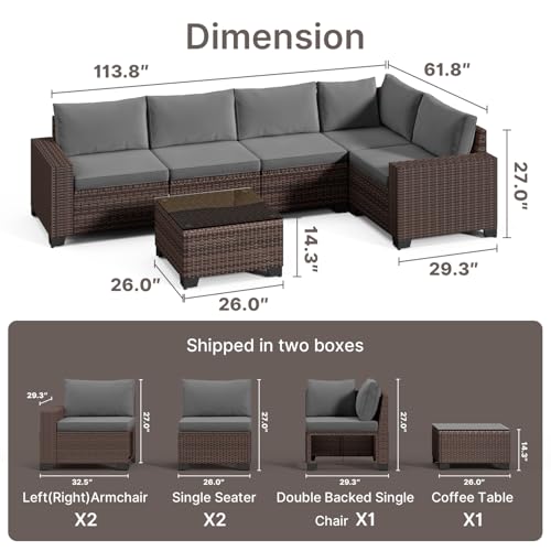 Gizoon 6-Piece Outdoor Patio Furniture Set, PE Wicker Rattan Sectional Sofa Conversation Set with Thickened Cushions and Coffee Table, All-Weather Patio Furniture for Garden, Backyard, Poolside, Grey