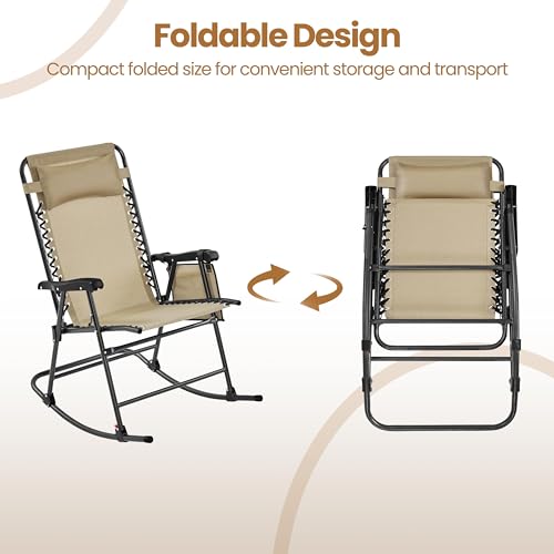 Yaheetech 26in Rocking Chair Outdoor Zero Gravity Folding Chairs Rocking Chairs Foldable Outdoor Reclining Lounge Chair for Outside Lawn with Cupholder/Pillow Ergonomic Design for Rest, Beige