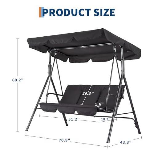 3-Seat Outdoor Patio Porch Swing with Stand, Adjustable Canopy & Thick Waterproof Cushions, Steel Frame Swing Outdoor Chair for Backyard, Front Porch, Lawn, Garden