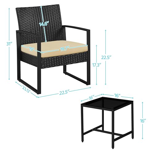Yaheetech 3 Pieces Rattan Bistro Set, Indoor/Outdoor Wicker Patio Modern Conversation Furniture, 2 Chairs & Tempered Glass Coffee Table for Garden, Balcony, Backyard, Poolside, Black/Khaki
